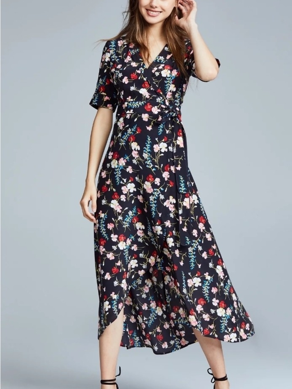 Equipment Imogene Floral Wrap Midi Dress with Pink & Red Blossoms